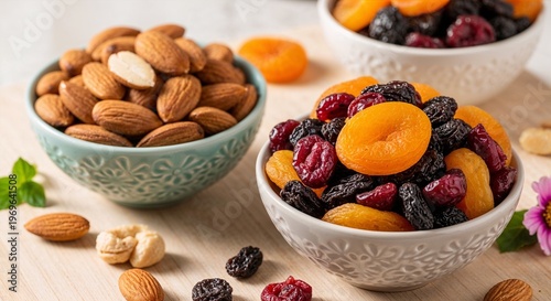 Assorted dried fruits and nuts in decorative bowls on wooden table  
