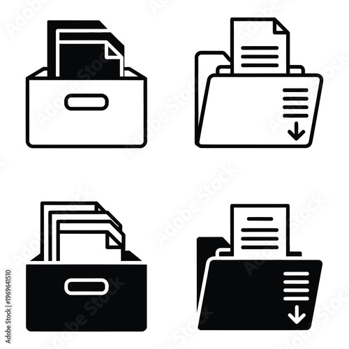 Four different file folder icons with documents coming out icon