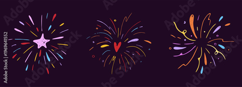 Crayon firework pastel confetti, hand drawn sketch chalk texture set. Kids color chalk pencil firecracker, sunburst, explosion