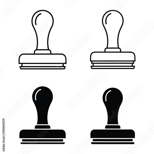 Four different rubber stamp icons in black and white line art on white background icon