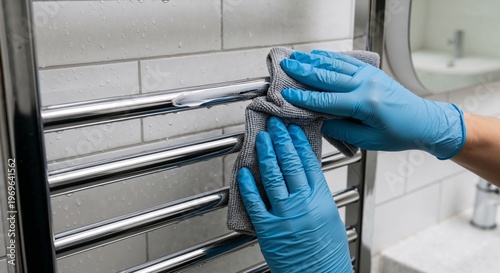 Person cleaning chrome towel warmer with cloth in bathroom  
