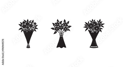 Black and white silhouettes of bouquets of flowers in vases on white background