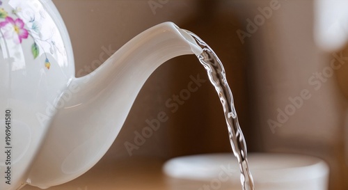 White teapot pouring clear water into a cup on wooden table  