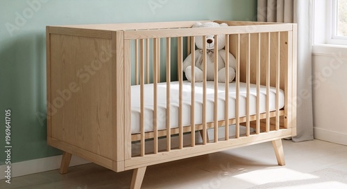 Modern birch plywood crib with teddy bear in cozy nursery  