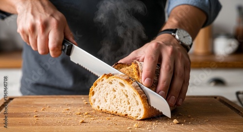 Man slicing warm loaf of bread on wooden cutting board in kitchen  