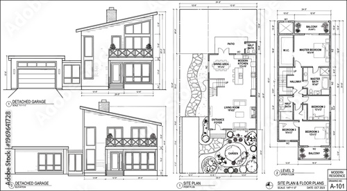 Comprehensive residential architectural project showcasing detached garage elevations site plans level two floor layouts and professional schematic drafts