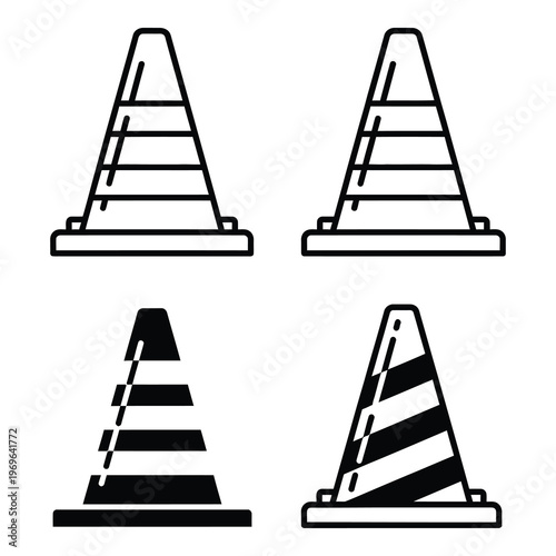 Four traffic cones in different designs and patterns for road safety and construction sites icon