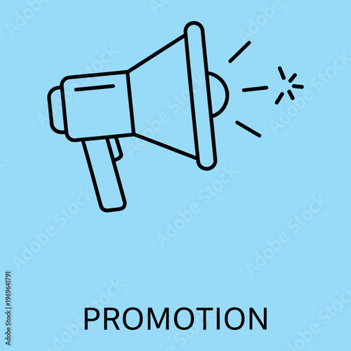 Minimal line of a megaphone on blue background with promotion text line promotion advertising announcement