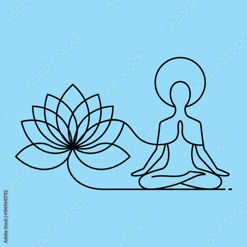 Minimal line of a meditating person with a lotus flower line minimal meditation yoga simple black lines