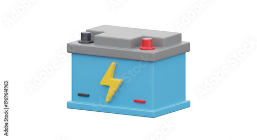 Blue car battery with yellow lightning bolt on transparent background