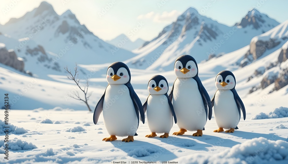 Obraz premium Group of penguins walking in snow for World Penguin Day celebration