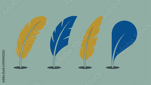 Assortment of yellow and blue stylized quill feathers with subtle cast shadows