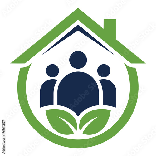Green house with family and leaves logo eco friendly symbol icon