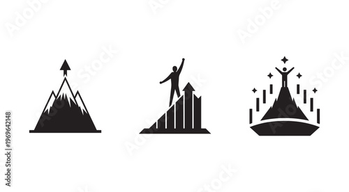 Black and white silhouettes of business success and achievement concepts with mountains and graphs and people  symbols of growth and progress