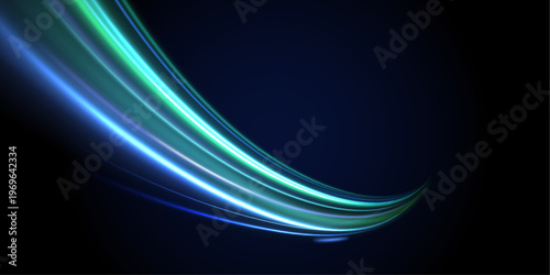 Bright trails arc through the night background. Gradients shift smoothly between vivid tones. The scene conveys fast digital motion energy.