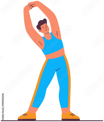 A person wearing blue athletic wear stretches sideways in a lively fitness setting with arms raised.