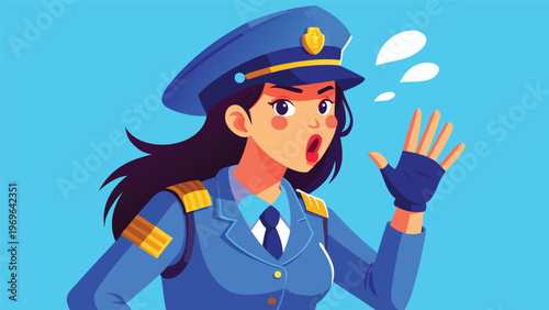 Police officer gives instructions while standing in front of a blue background in a cartoon style