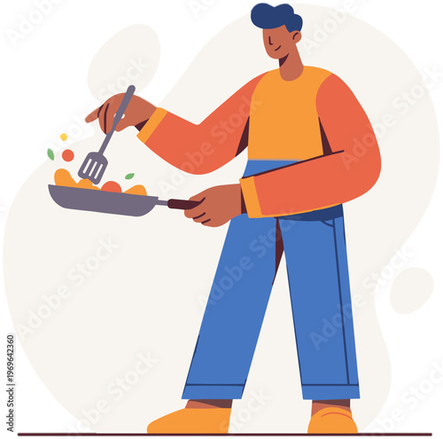 A man cooking food in a pan with utensils in the kitchen area