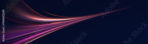 Abstract light waves ripple in a dark space. Vibrant neon tones create a vivid contrast. The composition suggests constant flowing motion.
