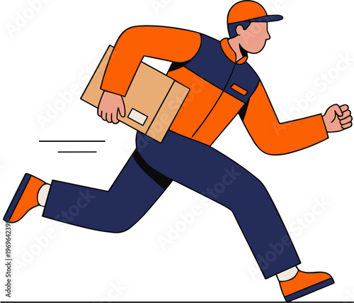 Delivery man runs quickly with package in hand on street