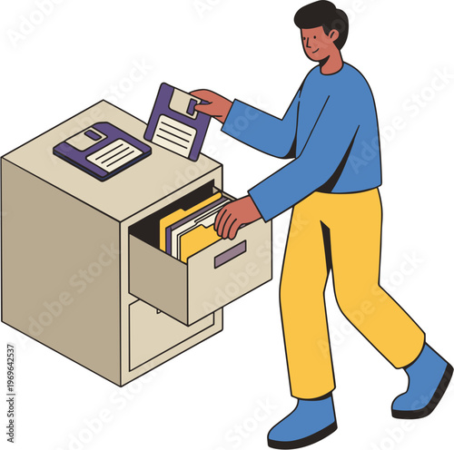 Man taking file out of office drawer with papers and folders