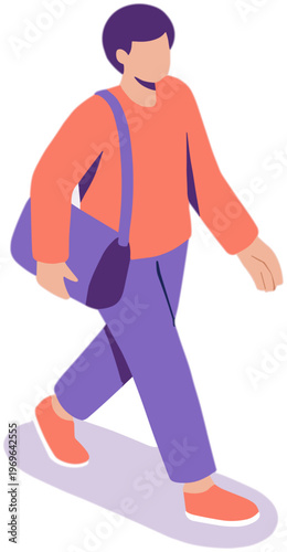 Man walking quickly with bag on shoulder in city streets