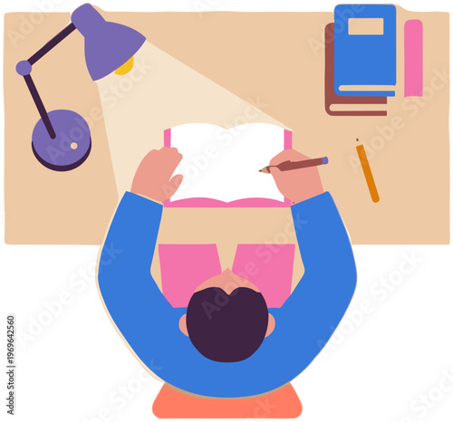 A person studies at a desk with a lamp, books, and writing materials from an overhead view.