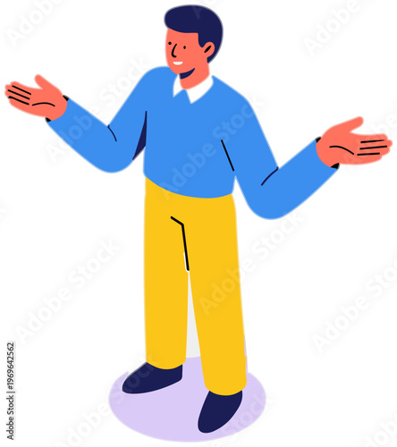 A man in casual clothes stands with outstretched arms in a questioning gesture.