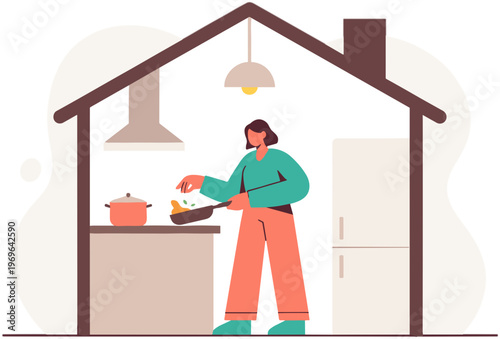 A woman is cooking in a kitchen inside a house with a refrigerator.