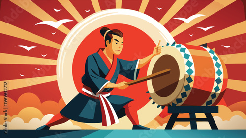 Drummer performs on traditional taiko drum in front of rising sun backdrop during festival celebration