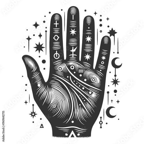 open hand with palm lines, surrounded by stars and moons, symbolizing palm reading, fate, and divination sketch engraving generative ai vector illustration. Scratch board. Black and white image.