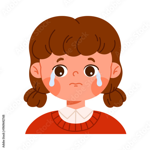 Cute crying girl character with tears. Sad facial expression concept. Emotional child avatar. Kid apps and emotion education concept. Isolated vector illustration