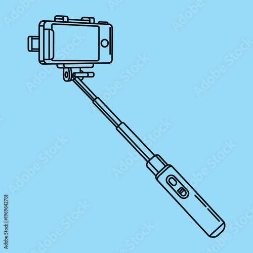 Minimal line of a selfie stick with a smartphone line minimal black lines light blue background
