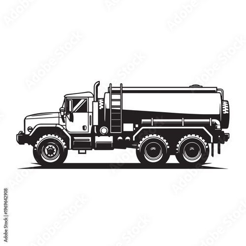 Large black and white illustration of a heavy dump truck with a long bed and strong wheels.
