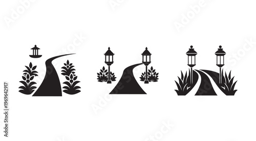 Black and white silhouettes of roads with lamps and plants  road signs and street lamps  illustration