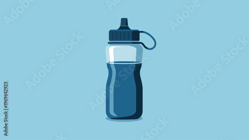 Blue sports water bottle with dark cap and loop handle standing on a light background