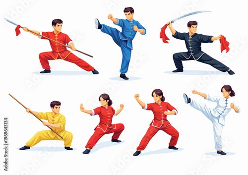 077-31-Diverse group of men and women performing various traditional chinese martial arts poses with and without weapons