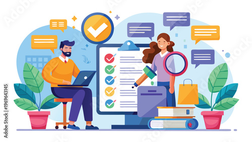 People working together on a project with checklist and tools in an office setting during daytime