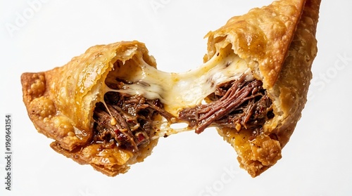 A savory empanada, split open to reveal a generous filling of shredded beef and melted cheese, stretched enticingly.