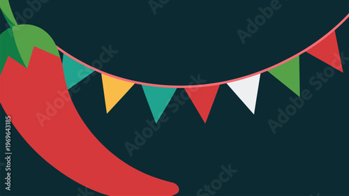 Bold red chili pepper alongside vibrant festive bunting flags on dark background