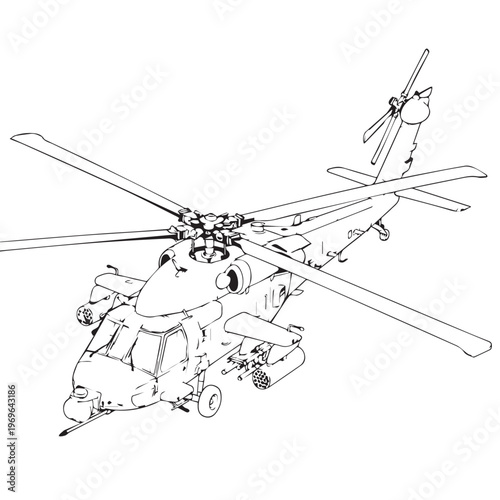 Technical line drawing of a helicopter with rotor blades and landing gear.