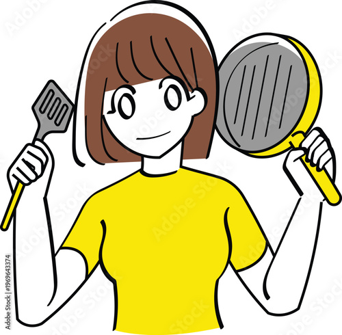 Smiling woman holding a spatula and frying pan