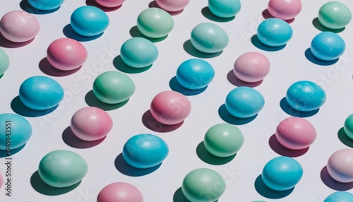 Pastel candy coated chocolate drops in pink blue and mint green arranged in diagonal rows on white background