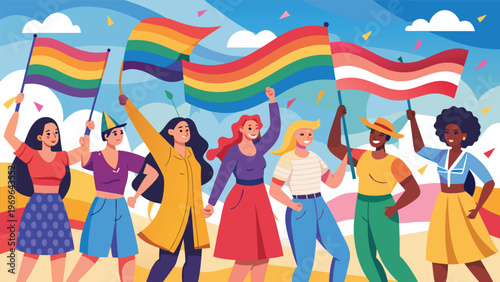 Women in colorful clothes celebrate with rainbow flags and smiles at a festival in a sunny park setting during pride month