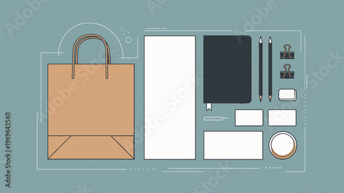 Brown paper shopping bag and organized business stationery items