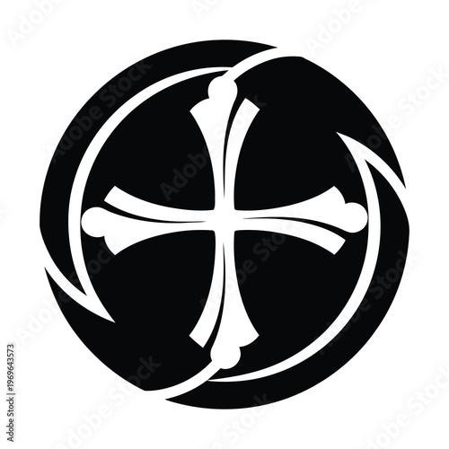 White cross symbol inside a black circular shape with curved lines  religious icon icon