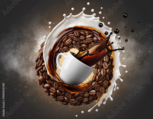 Whirlpool of roasted coffee beans swirling around floating white ceramic espresso cup with milk and coffee splashes