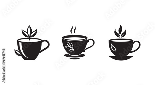 Black and white tea cup icons with leaves and steam rising  tea time symbols  hot beverage illustrations