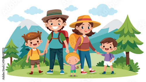 Family enjoys hiking in the mountains during a sunny day while exploring nature together