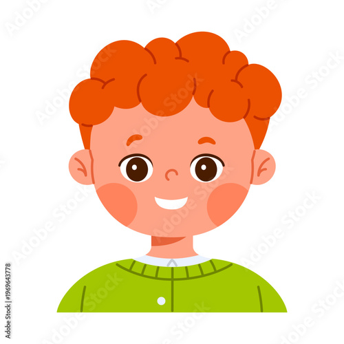 Cute happy redhead boy character smiling. Facial expression concept. Friendly child avatar with positive emotion. Kid apps and emotion education concept. Isolated vector illustration